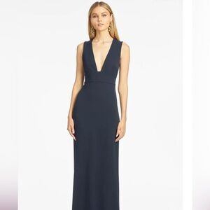 Sleeveless Plunge V-Neck Navy Evening Dress